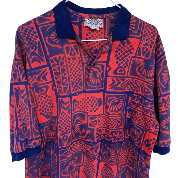 Back East Other - Vintage Back East Fishbones Aztec Pattern Polo Shirt Large‎ Orange Blue 90s